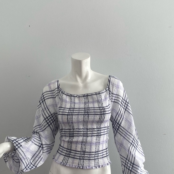INC Women's Blouse White Size Large M Knit Plaid Metallic Smocked (D) - Picture 4 of 6
